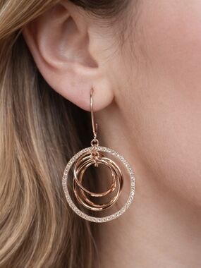 Rose Gold Concentric Hoop Drop Earrings with Crystal Pavé